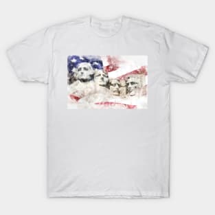 Mount Rushmore with American flag waving in background watercolor T-Shirt